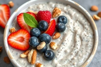 Chia semienková ovsená kaša s ovocím a orieškami