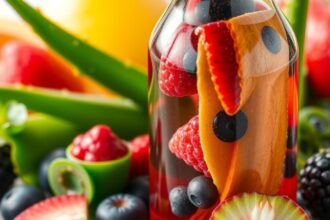 Fľaša s aloe vera nectar a lesným ovocím ako doplnok zdravia.