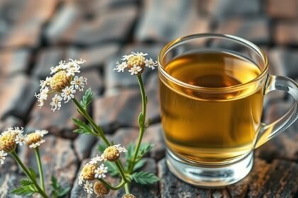 Rebríček obyčajný a čaj z jeho kvetov na drevenom pozadí.