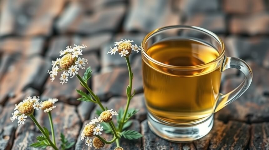 Rebríček obyčajný a čaj z jeho kvetov na drevenom pozadí.