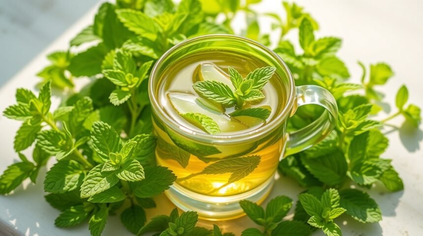 Osviežujúci mätový čaj obklopený čerstvou mätou