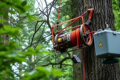 Lesný navijak pripevnený na strome s kužeľovitým motorom a ovládacím panelom.