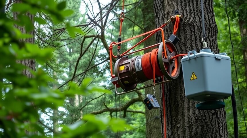 Lesný navijak pripevnený na strome s kužeľovitým motorom a ovládacím panelom.