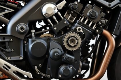Detailný pohľad na motor motocyklu s precíznym dizajnom.