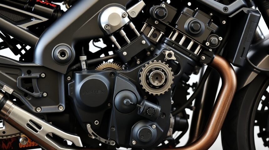 Detailný pohľad na motor motocyklu s precíznym dizajnom.