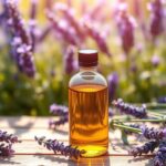Fľaša levanduľového oleja s kvetmi levandule na drevenom stole