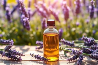 Fľaša levanduľového oleja s kvetmi levandule na drevenom stole