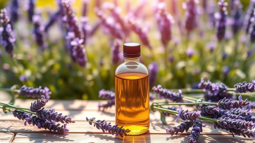 Fľaša levanduľového oleja s kvetmi levandule na drevenom stole