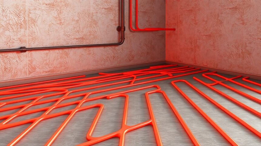 Systém stenového vykurovania s červenými rúrkami na podlahe.