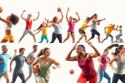 Skupina ľudí aktívne cvičí a športuje, zlepšujú si zdravie a náladu.