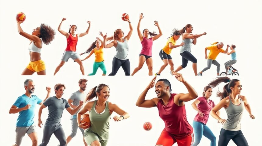 Skupina ľudí aktívne cvičí a športuje, zlepšujú si zdravie a náladu.