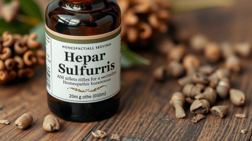 Fľaša Hepar sulfuris s bylinnými ingredienciami na liečbu