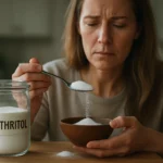 Žena s lyžicou erytritolu nad misou, ktorá premýšľa o sladidle.