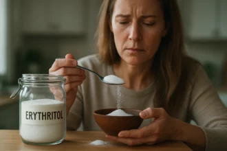 Žena s lyžicou erytritolu nad misou, ktorá premýšľa o sladidle.