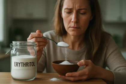 Žena s lyžicou erytritolu nad misou, ktorá premýšľa o sladidle.