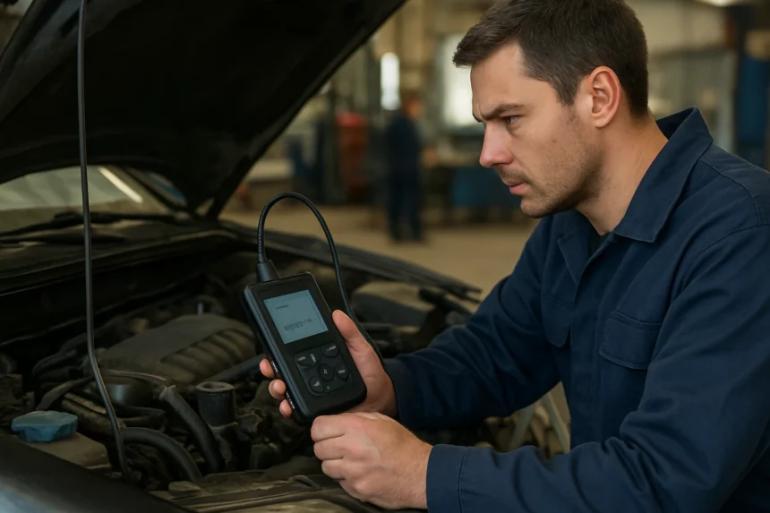 Technik používa detektor klepania na diagnostiku motora v aute.