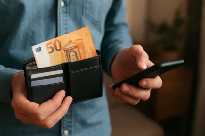 Muž drží peňaženku s euro bankovkami a mobilným telefónom.