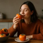 Žena si vychutnáva čerstvú hurmu s úsmevom, okolo sú ďalšie plody.