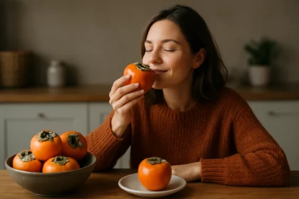 Žena si vychutnáva čerstvú hurmu s úsmevom, okolo sú ďalšie plody.