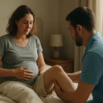 Žena po hysterektómii s partnerom, zameraná na psychickú podporu a zotavenie.