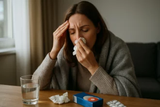 Žena so zimnicou a bolesťou hlavy používa Nurofen Cold & Flu.