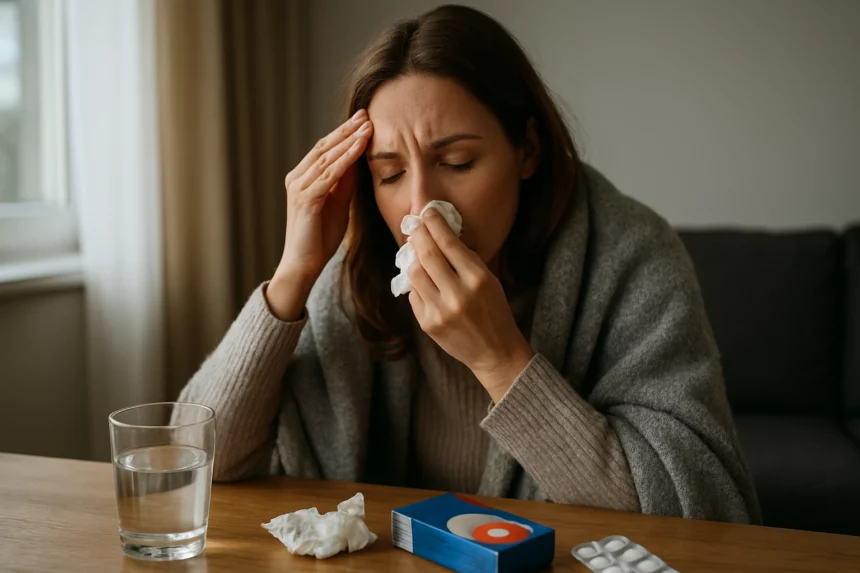 Žena so zimnicou a bolesťou hlavy používa Nurofen Cold & Flu.