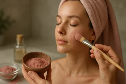 Žena nanášajúca ružovú hlinu na pleť s jemným štetcom.