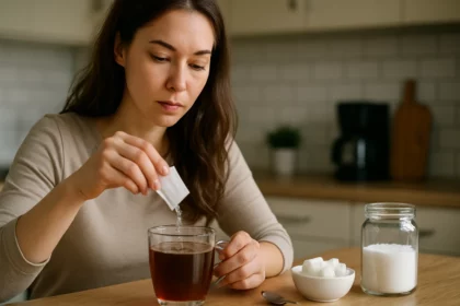 Žena pridáva sladidlo do pohára čaju na stole