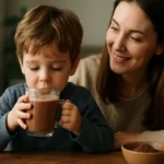 Dieťa pijúce kakaový nápoj s mamou v pozadí