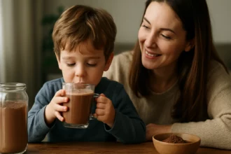 Dieťa pijúce kakaový nápoj s mamou v pozadí