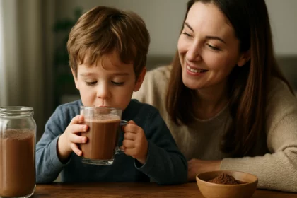 Dieťa pijúce kakaový nápoj s mamou v pozadí