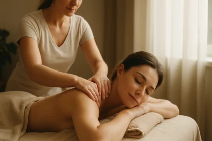 Žena si užíva relaxačnú masáž v pokoji domova