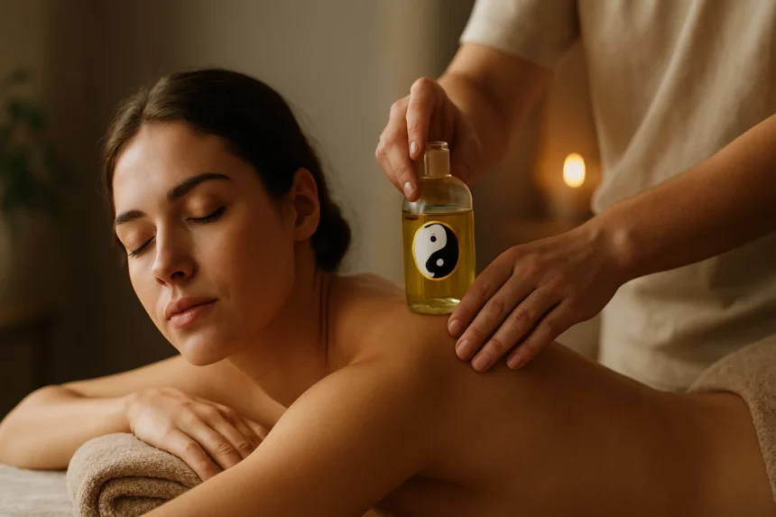 Žena užívajúca si masáž s Yin-Yang olejom pre harmóniu tela a duše.