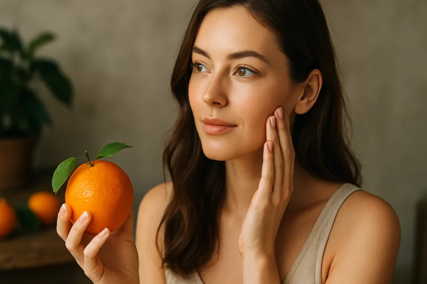 Žena s divokým pomarančom, skúma svoje zdravie a pleť.