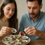Dvojica si vychutnáva čerstvé ustrice na tanieri.