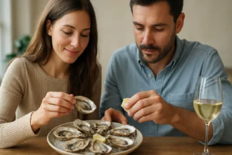 Dvojica si vychutnáva čerstvé ustrice na tanieri.