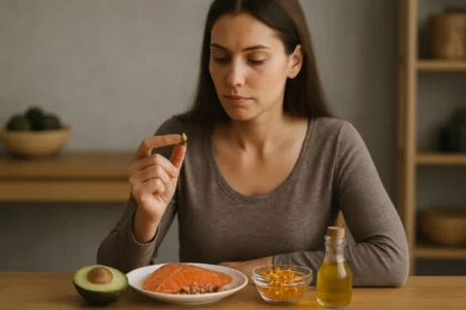 Žena drží semienko a skúma potraviny bohaté na omega mastné kyseliny