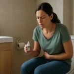 Žena s bolesťou brucha drží Guttalax na toalete