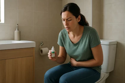 Žena s bolesťou brucha drží Guttalax na toalete