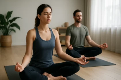 Dva cvičiaci ľudia praktizujúci jogu v interiéri s pokojnou atmosférou.