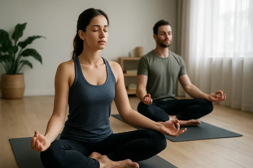 Dva cvičiaci ľudia praktizujúci jogu v interiéri s pokojnou atmosférou.