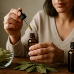 Žena pripravuje bobkový listový olej z čerstvých listov.