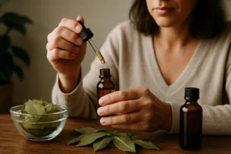 Žena pripravuje bobkový listový olej z čerstvých listov.