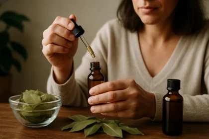 Žena pripravuje bobkový listový olej z čerstvých listov.