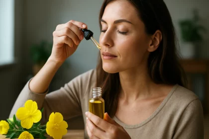 Žena nanáša pupalkový olej na tvár pre zdravie pleti