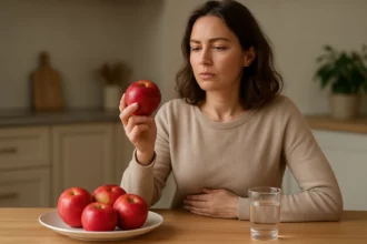 Žena drži jablko a uvažuje o jeho prospechu pre trávenie.
