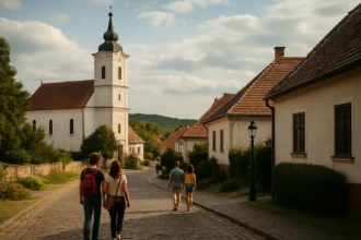 Turisti prechádzajú ulicou s historickou architektúrou v Maďarsku.