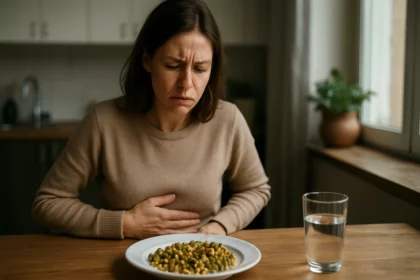 Žena s bolesťami brucha po konzumácii strukovín.