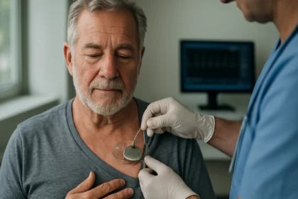 Lekár kontroluje srdcový rytmus pacienta s kardiostimulátorom.