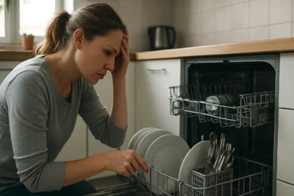 Žena s frustráciou pred parnou umývačkou riadu